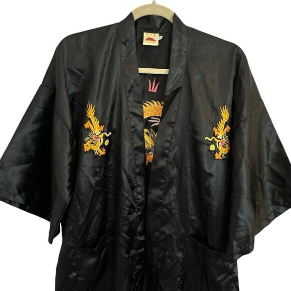 Dachunghwa Unisex Black Embroidered Dragon Satin Robe Kimono Vtg 90s Y2K NO BELT - Picture 4 of 14